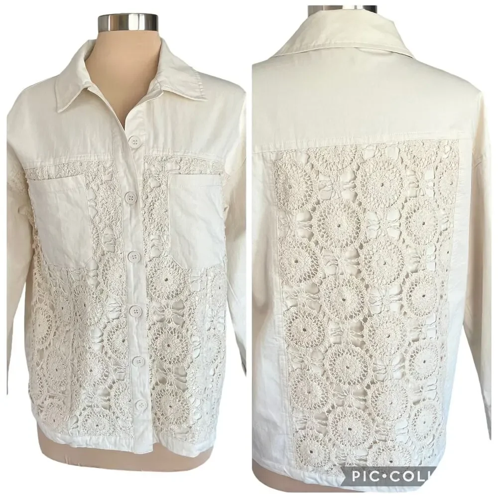 Forever 21 Cream Twill Crochet Lace Jacket / Shacket Size M Boho Chic Casual